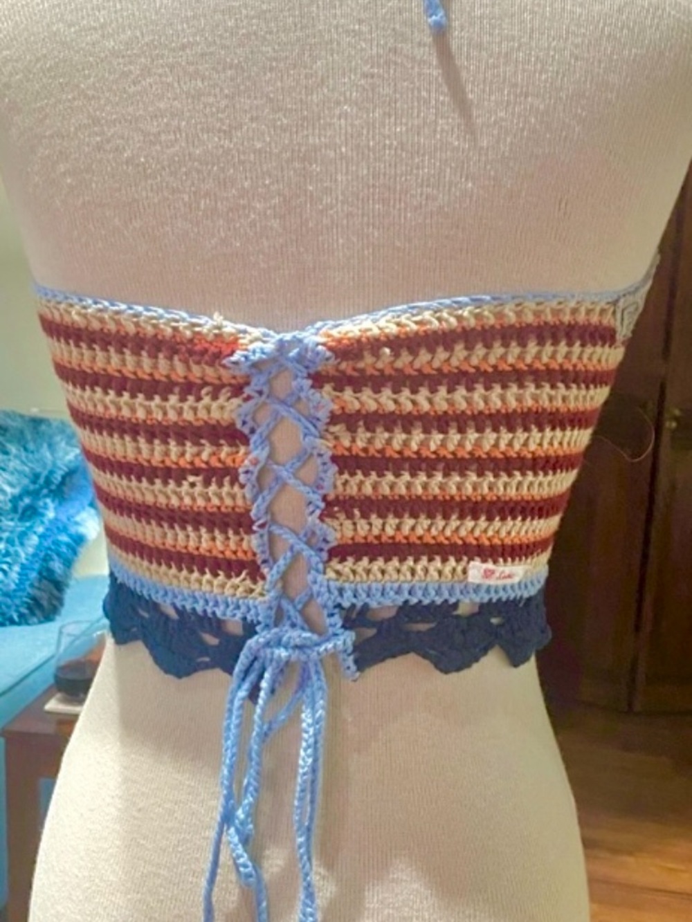 Custom Led Zeppelin VTG. 70’s Patch/Crochet Halter Top, Lace up,Adjustable Sz.